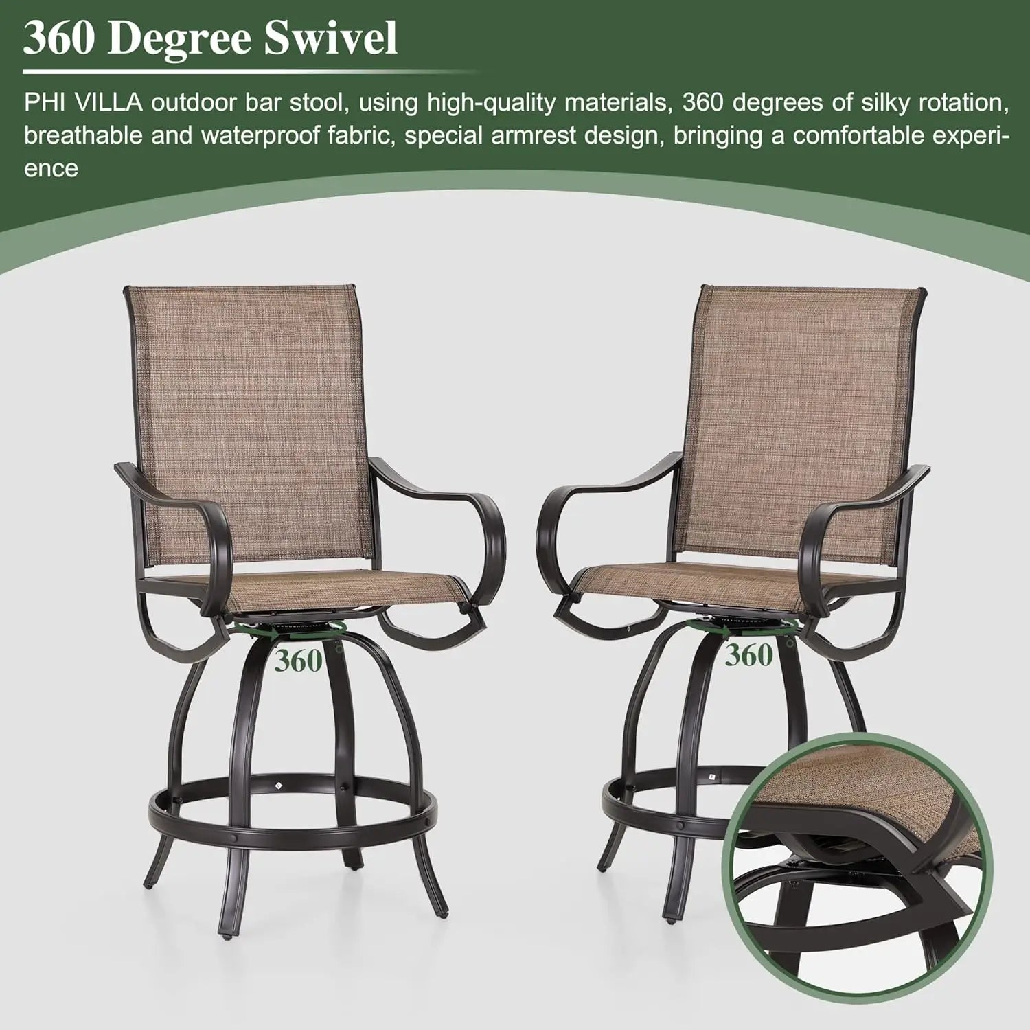 Patio Swivel Bar Set,Large Metal Table and Bar Chairs w/ Breathable Fabric,Black Thickened Frame &360 Degree Swivel Chairs