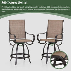 Patio Swivel Bar Set,Large Metal Table and Bar Chairs w/ Breathable Fabric,Black Thickened Frame &360 Degree Swivel Chairs