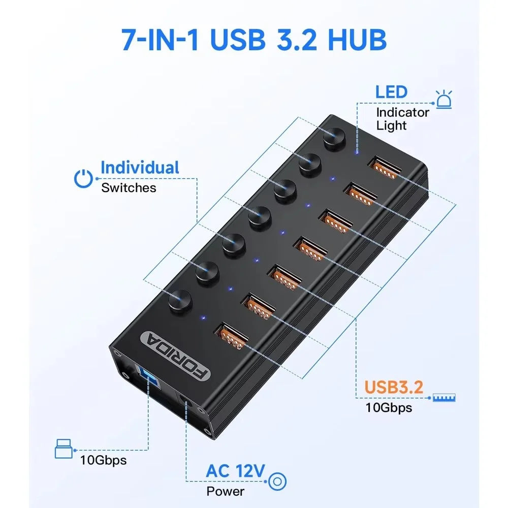 FORIDA USB 3.2 Hub 10Gbps 4/7 Port USB Splitter with Individual LED Switches and 12V Power Adapter