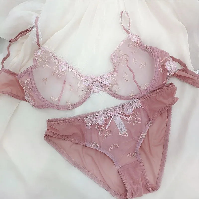 Exquisite embroidery lotus pink ultra-thin women's transparent lace underwear bra set