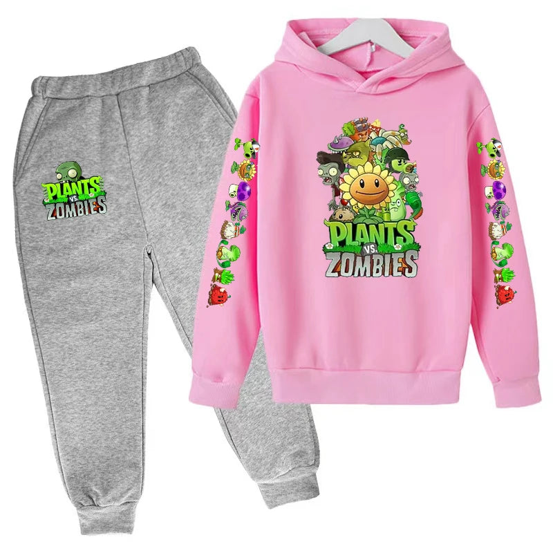 Kids Hooded Pullover Popular Game Plants vs. Monster Print Boys/Girls Top/Pants Clothing Set