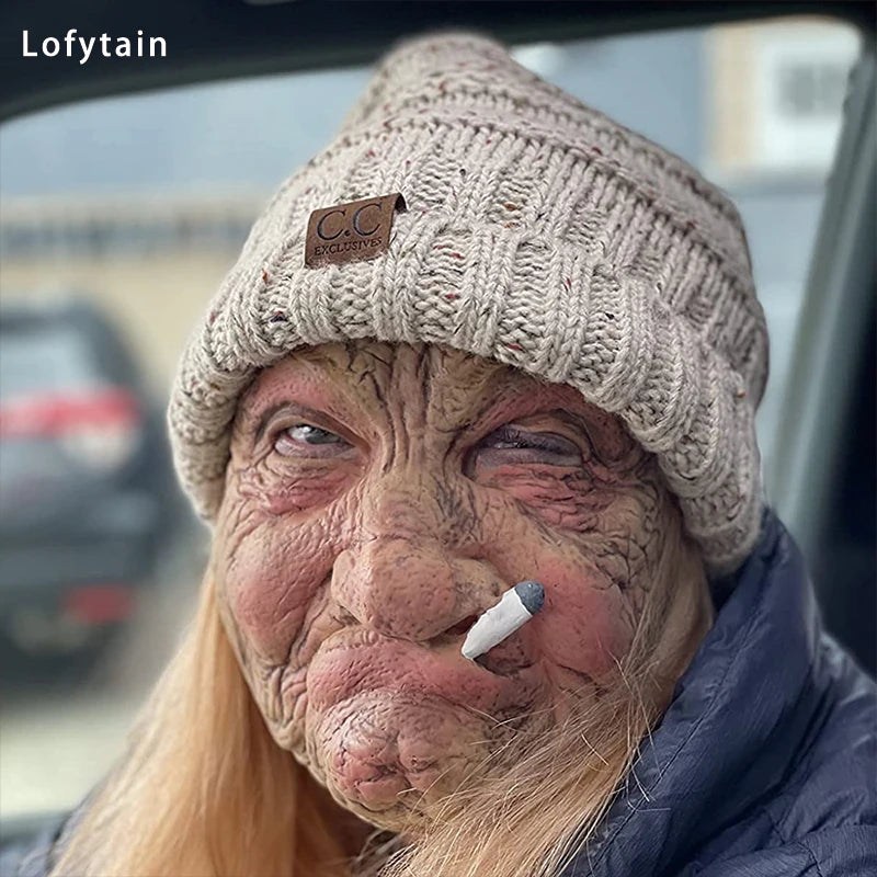 Lofytain Smoking Old Grandmother Mask Halloween Mask Latex Masks Realistic Costume Halloween Cosplay Props Funny Gift