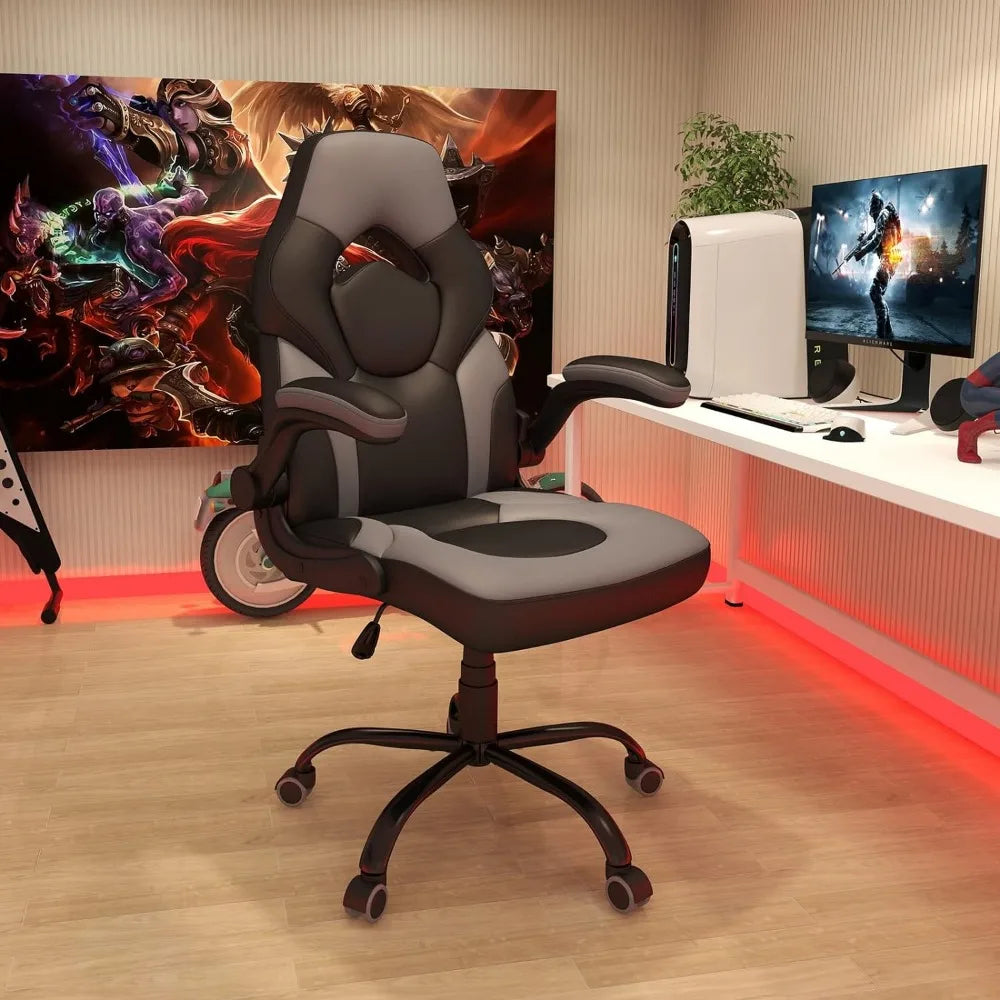 Office Gaming Chair with Flip Armrests, Ergonomic Computer Gaming Chair Bonded Leather Swivel Desk Chair