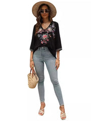 KHALEE YOSE Boho Floral Embroidery Blouse Shirt Black Summer Spring Mexican Shirt