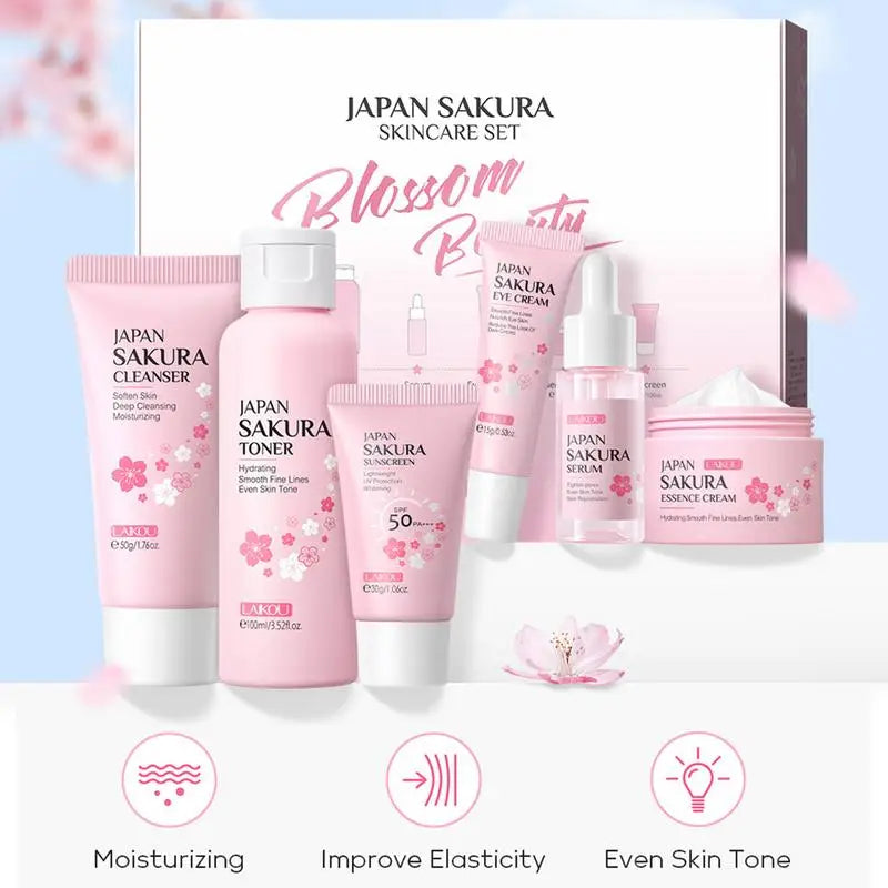 Face Skin Care Set Cleanser Sakura Essence Cream Moisturizing Whitening Anti-Aging Toner Eye Cream Face Serum Eye