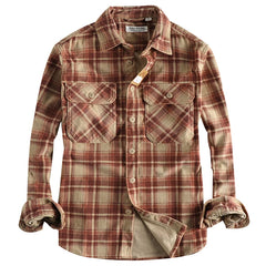 Plaid Woven Corduroy Men Shirts 100% Cotton Spring Autumn Heavy Washed Workwear shirt