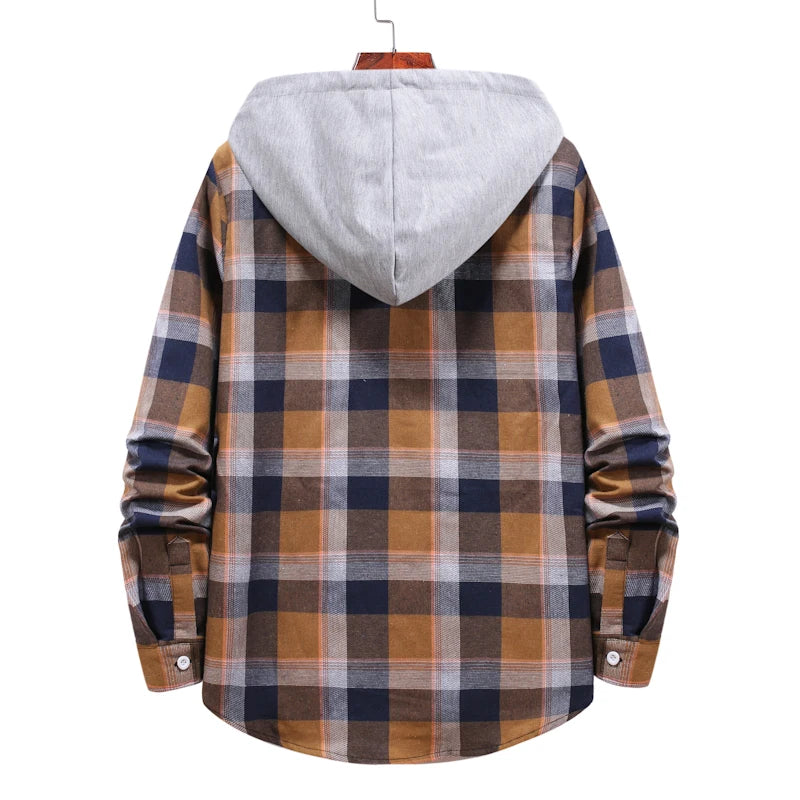 Mens Plaid Hooded Checked Flannel Shirt Casual Loose Long Sleeve Blouse Tops