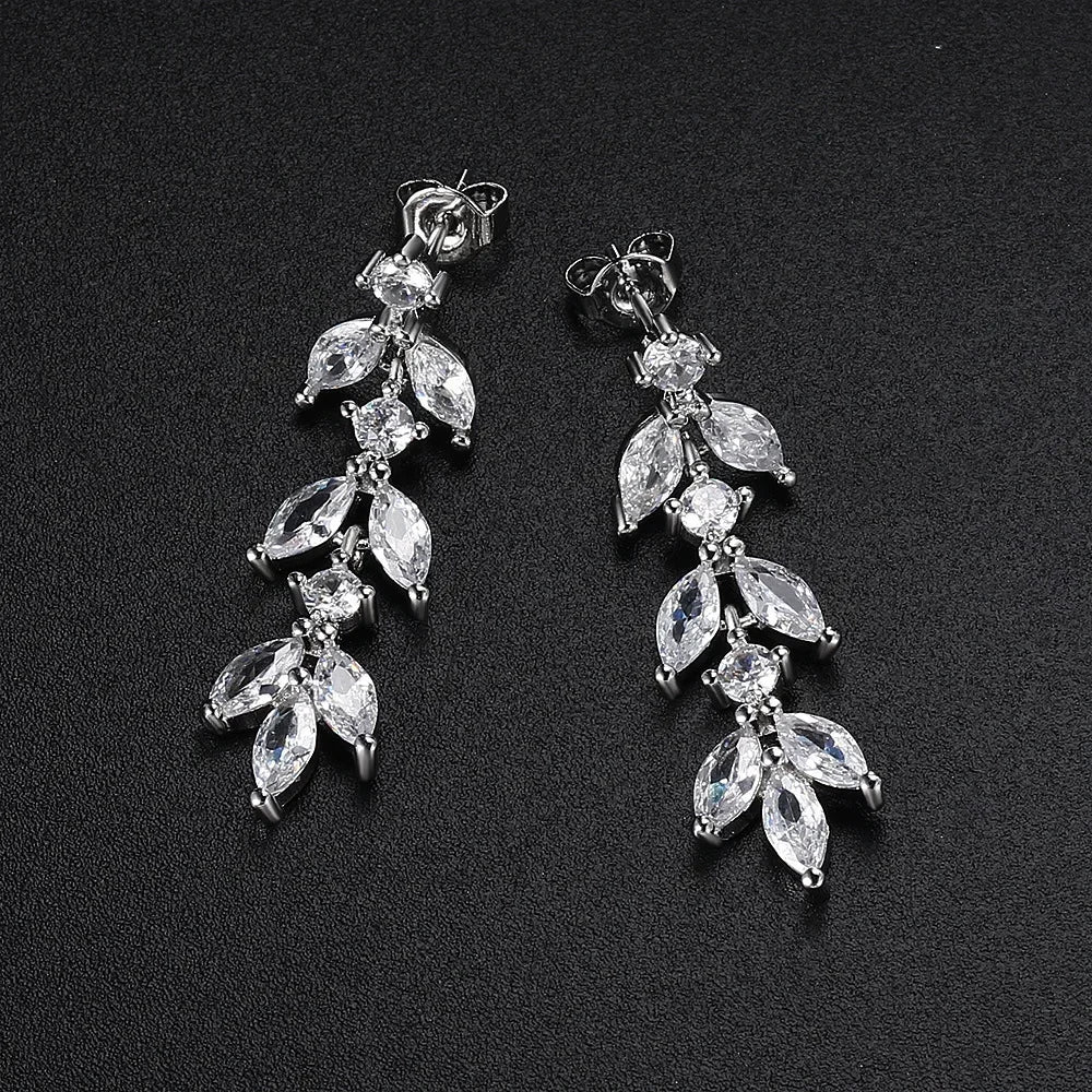 Shiny Crystal Leaf Zircon Long Dangle Stud Earrings for Women