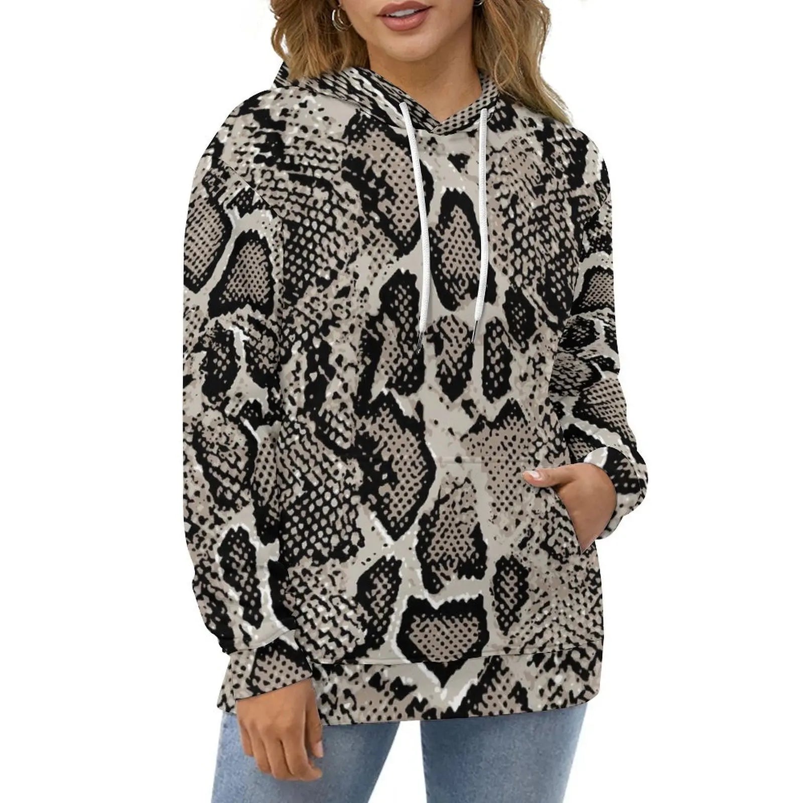 Snakeskin Casual Hoodies Black and White Animal Aesthetic Graphic Loose Hoodie