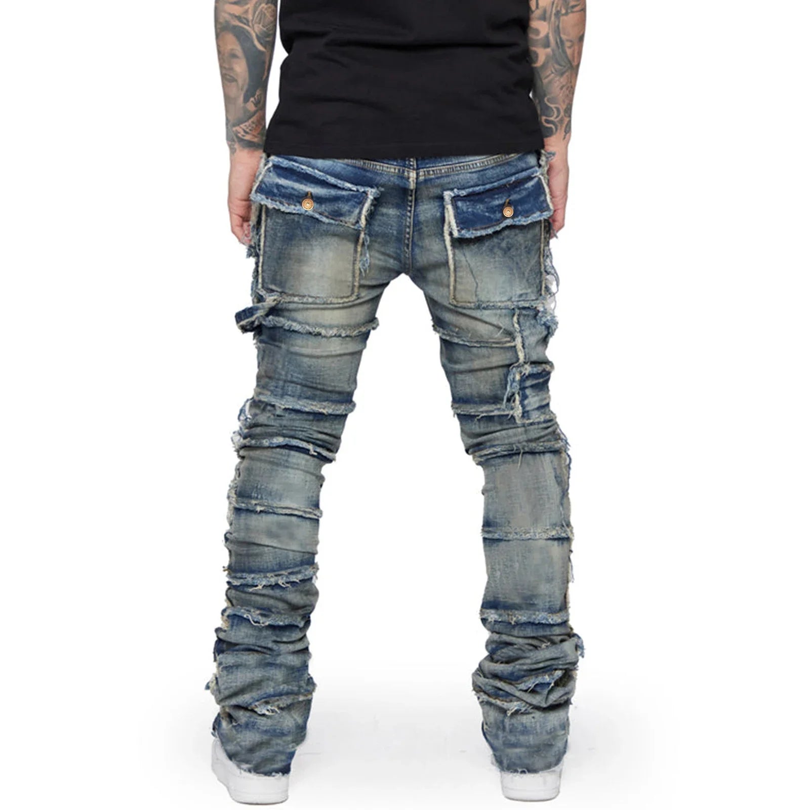 Men's Slim Fit Ripped Jeans Distressed Patchwork Stacked Straight Leg Stretch Denim Pants with Pockets Retro Streetwear