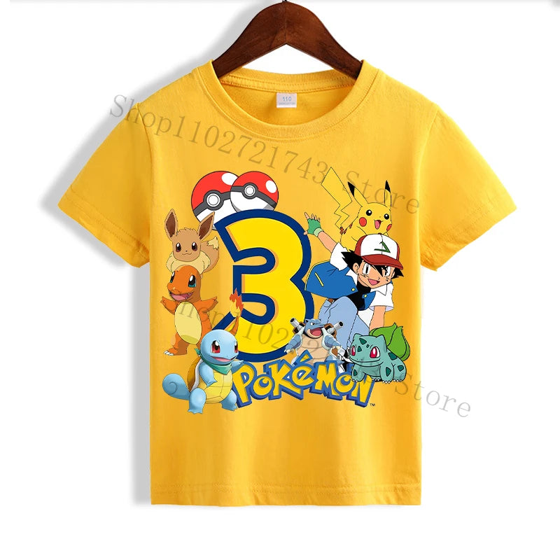 Pokemon Pikachu Yellow T-shirts for Children Anime Short Sleeved Shirt Boys Girls