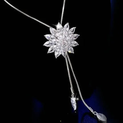 Snowflake Zircon Long Chain for Women Fashion Silver Color Crystal Maxi Necklaces & Pendants