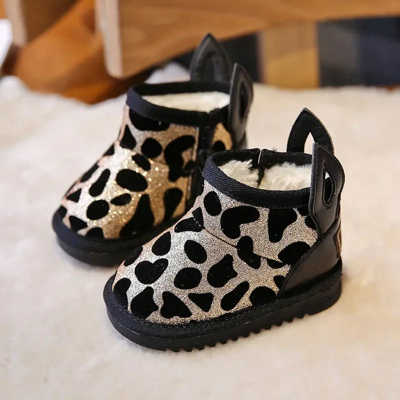 Girl Boot Bling Leopard Snow Boot Cute Ears Toddler Child Shoe for Boy Winter Warm Ankle Boot Plush Winter Shoe Botas Para Niños