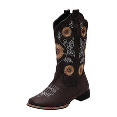 Women Flower Embroidery Shoes Slip-on Riding Boots