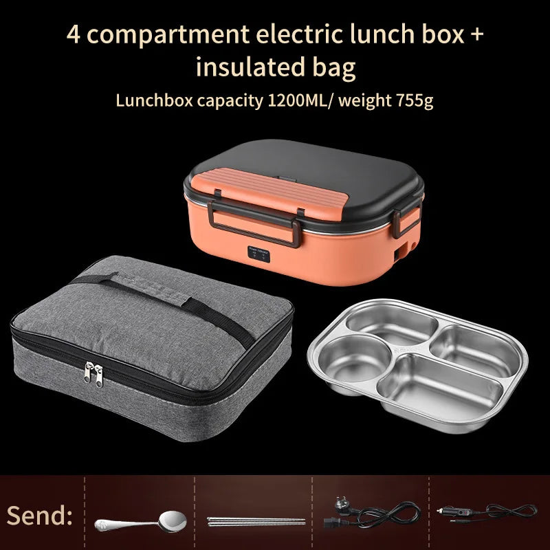 Electric Heated Lunch Boxes Stainless Steel Food Insulation Bento Lunch Box Home Car Keep Warm Lunch Box 1.2L, 12V/220V