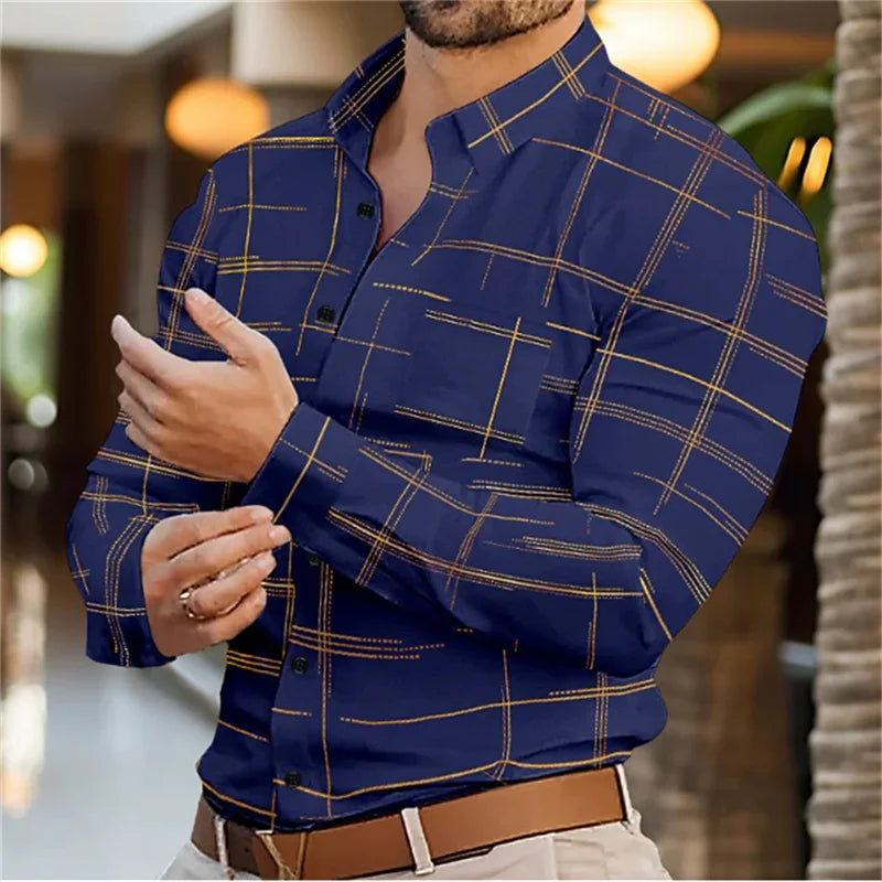 Brand New Boyfriend Shirt Long Sleeve Slim Fit Button Lapel Men's Tops 2024 Fall Fashion 3D Stripe Print Party Shirt