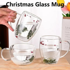 Double Wall Glass Cup Christmas Pine Leaf Snow Scene Coffee Cup Anti Scalding Heat Insulation Water Cup Xmas Gift Mug