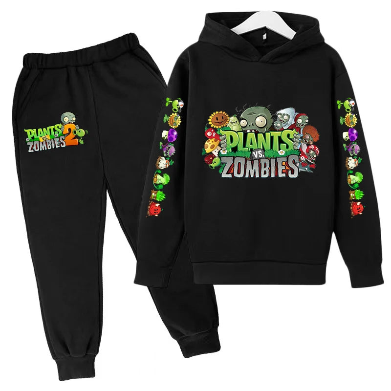 Kids Hooded Pullover Popular Game Plants vs. Monster Print Boys/Girls Top/Pants Clothing Set