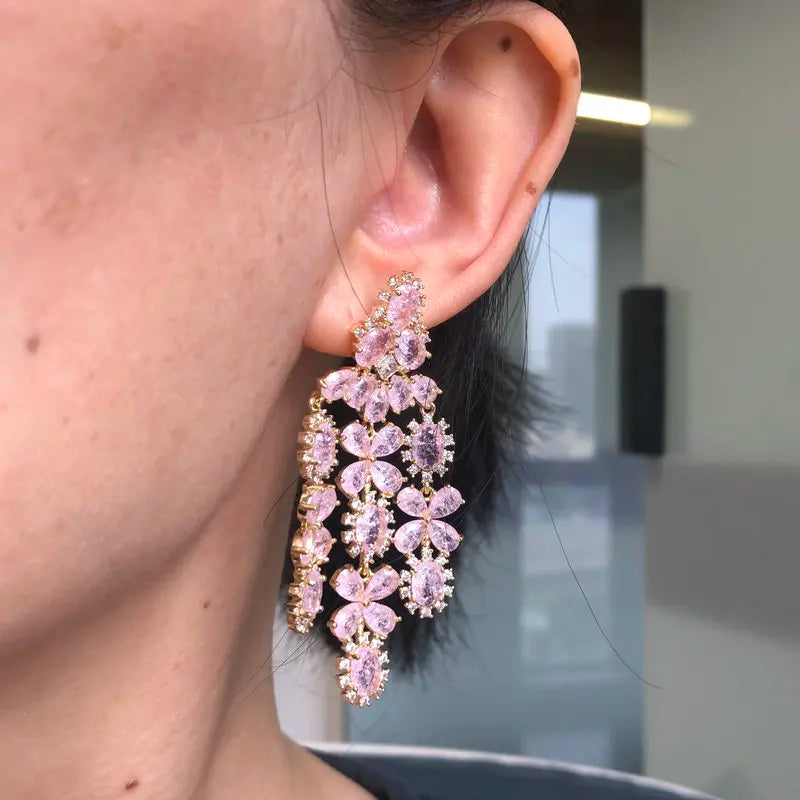 Bilincolor Fashion Ice Broken Cubic Zinconia Pink Tassel Earring for Women