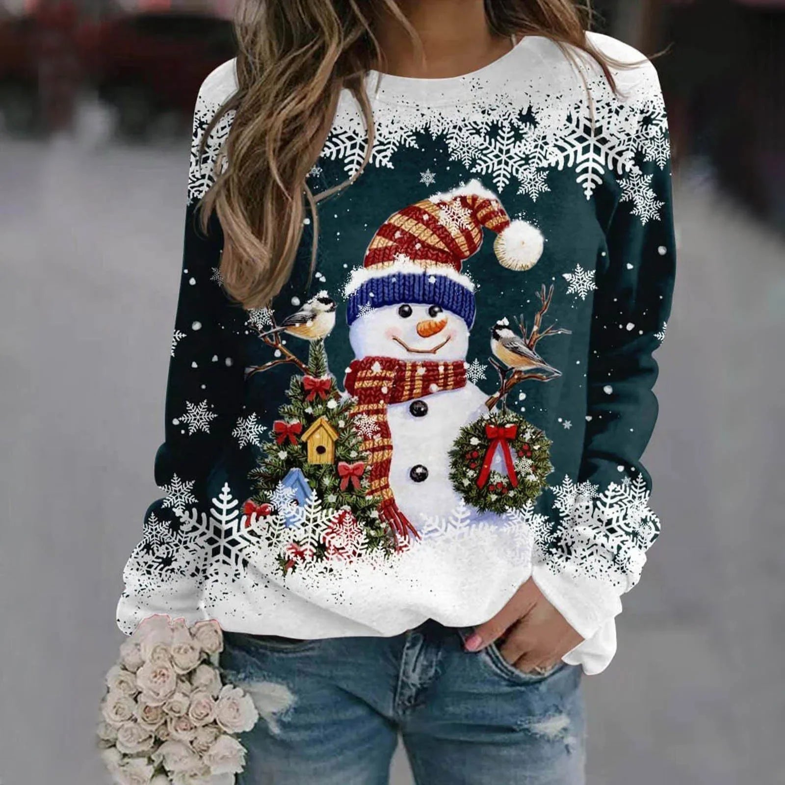 Women's Long Sleeve Sweatshirt Mixed Color Christmas Regular Winter White and Blue Azure White / Black Gradient red Sweatshirt