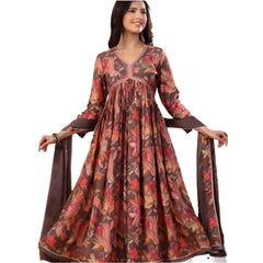 New Trending Festival Special Anarkali Printed Long Dress Kurti Pants Dupatta Set