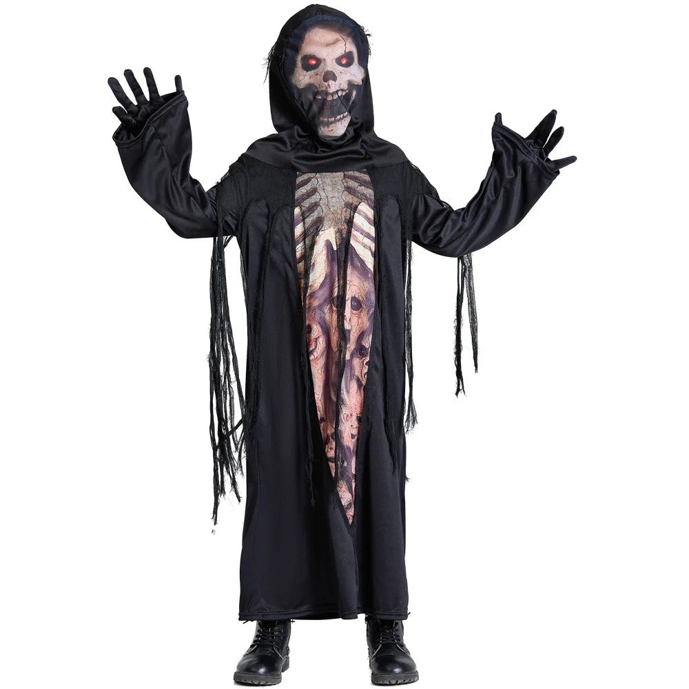 Boys Black Death Azrael Cosplay Kids Children Halloween Devil Ghost Skeleton Robe