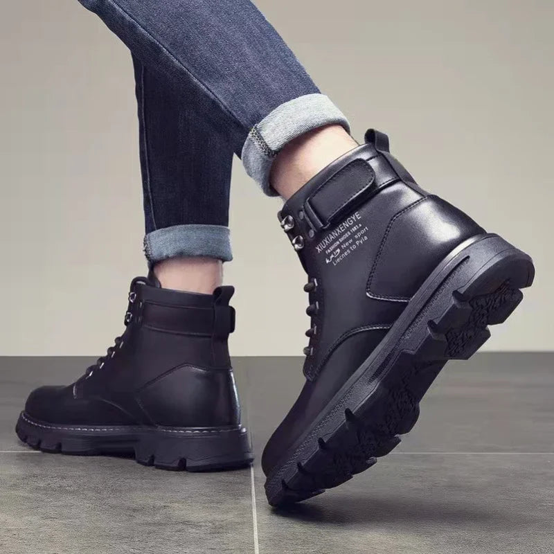 Winter Men's High Top Boots Trendy Black Motorcycle Boots