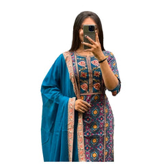 Blue Color Printed Kurta Palazzo with Dupatta Set Women Salwar Kameez Suit Dress