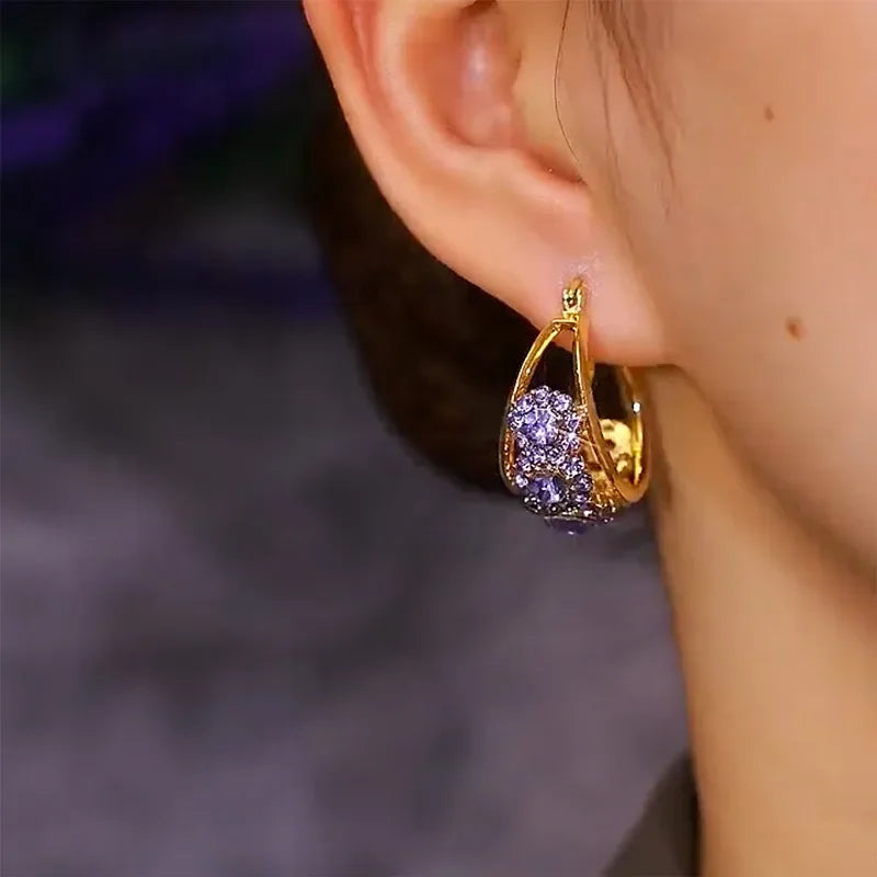 Exquisite Purple Zircon Flowers Hoop Earrings for Women Fashionable Individuality Daily Accessory Party Jewelry