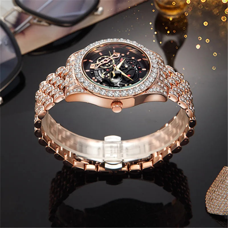 Men Big Brand Skeleton Watches Fashion Alloy Band Luxury Diamond Golden Date Quartz