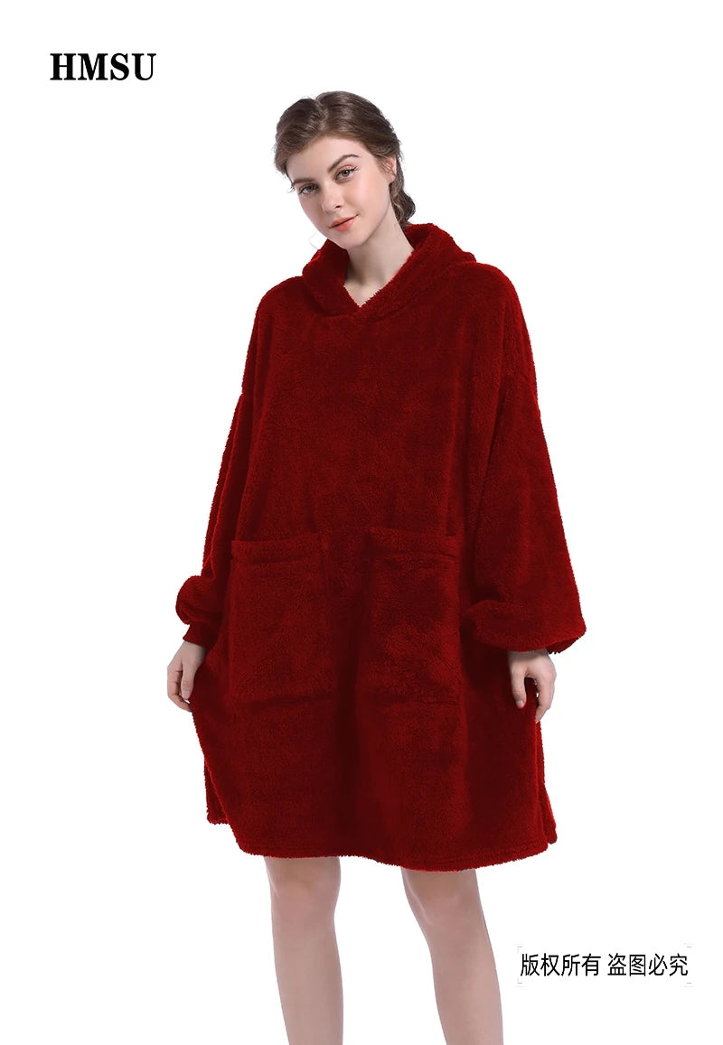 HMSU Oversized Hoodie Blanket With Sleeves Sweatshirt Plaid Winter Fleece Hoody