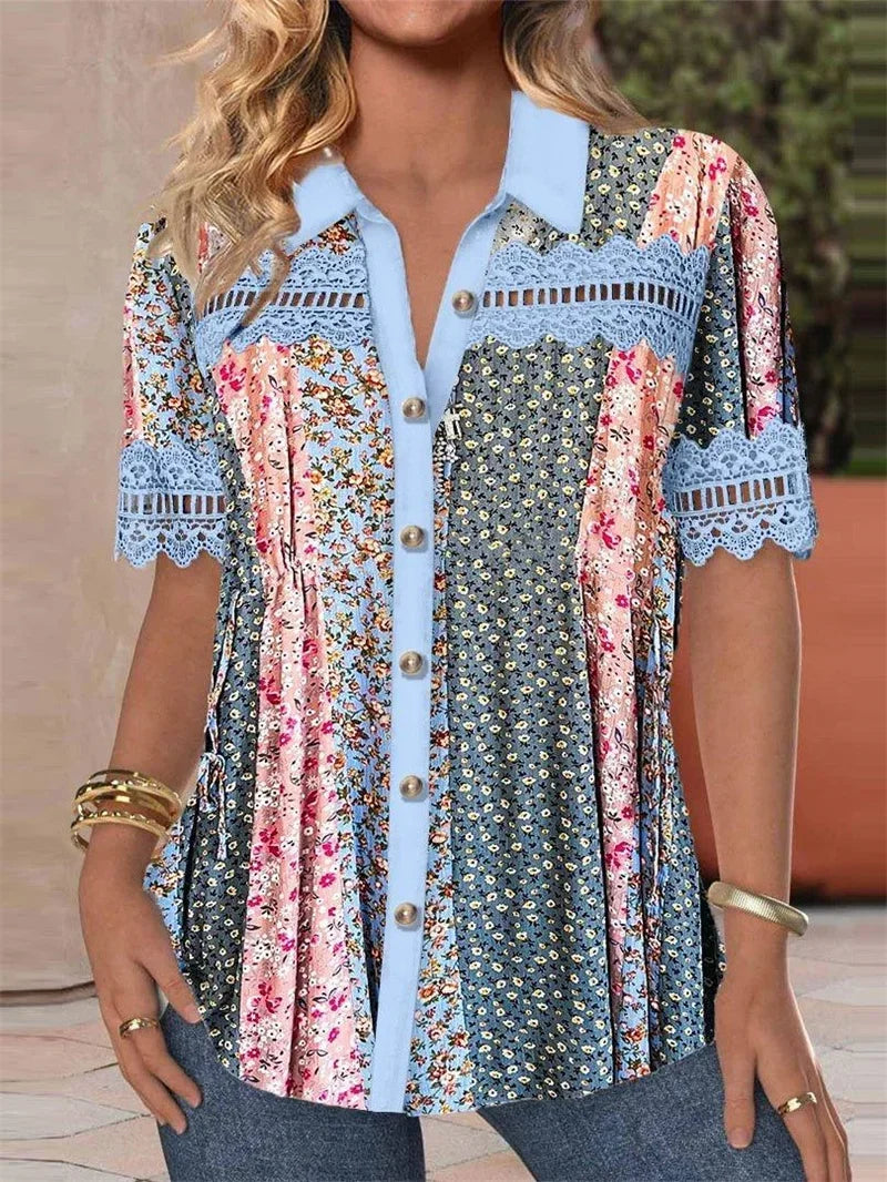 Women Vintage Ethnic Style Print Shirt Elegant Hollow Out Splicing Lace Short Sleeve Blouse