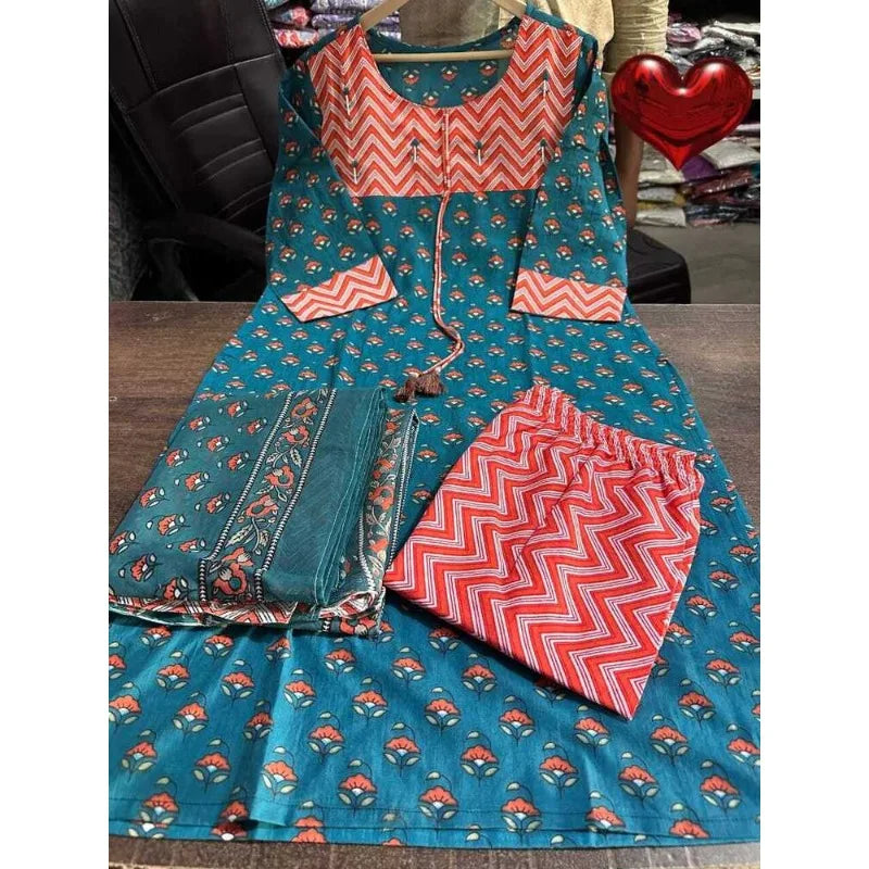 Women Printed Kurta Palazzo with Dupatta Set Indian Wedding Salwar Kameez Suit