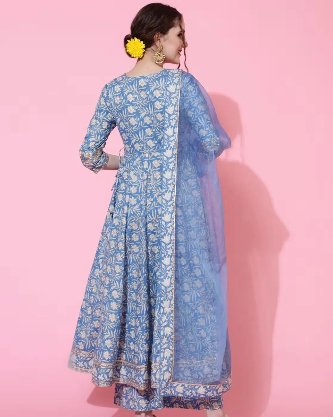 Indian Ethnic Style Blue Pure Cotton Floral Dress With Printed Casual Daily Three Piece Set\