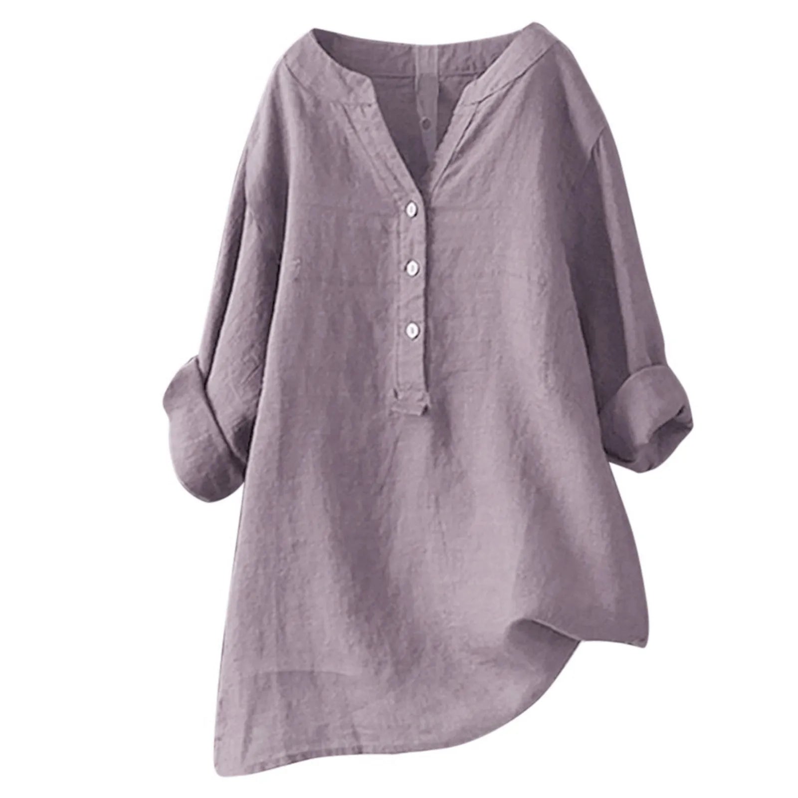 Cotton Linen Shirts Casual Loose Blouse Blended Oversize Long Sleeved V Neck Tops