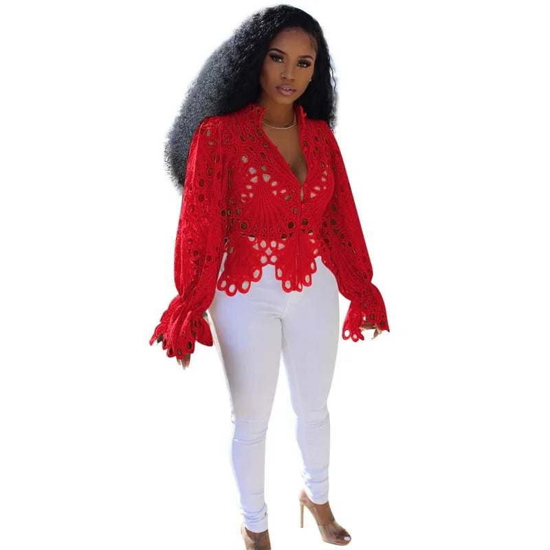 Casual Lantern Long Sleeve Stand Collar Shirts Lace Hollow Out Short Blouse Female Elegant Red/Pink/White Loose Tops