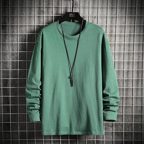 Harajuku Long Sleeve T Shirt Men Solid Color Cotton Soft O-Neck Basic Tops Tees