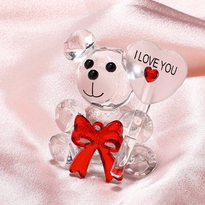 Valentines Day Gift I Love You Crystal Bear Glass Artificial Rose Flowers