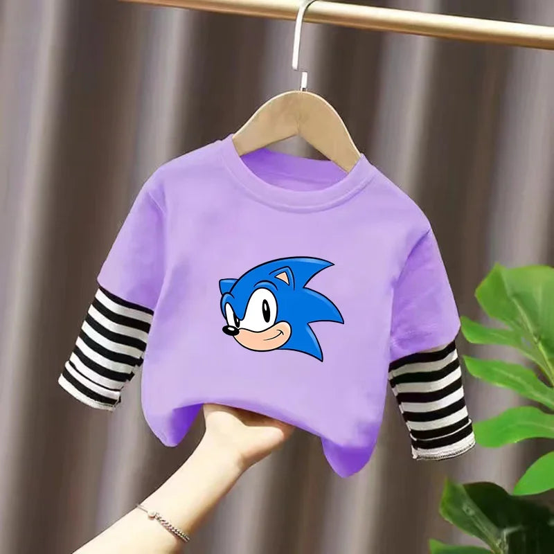 Sonics Kids Clothing Fashion All-match Letter Printing T-shirt Autumn Casual Loose Pure Cotton O-neck Pullover Long Sleeve Top