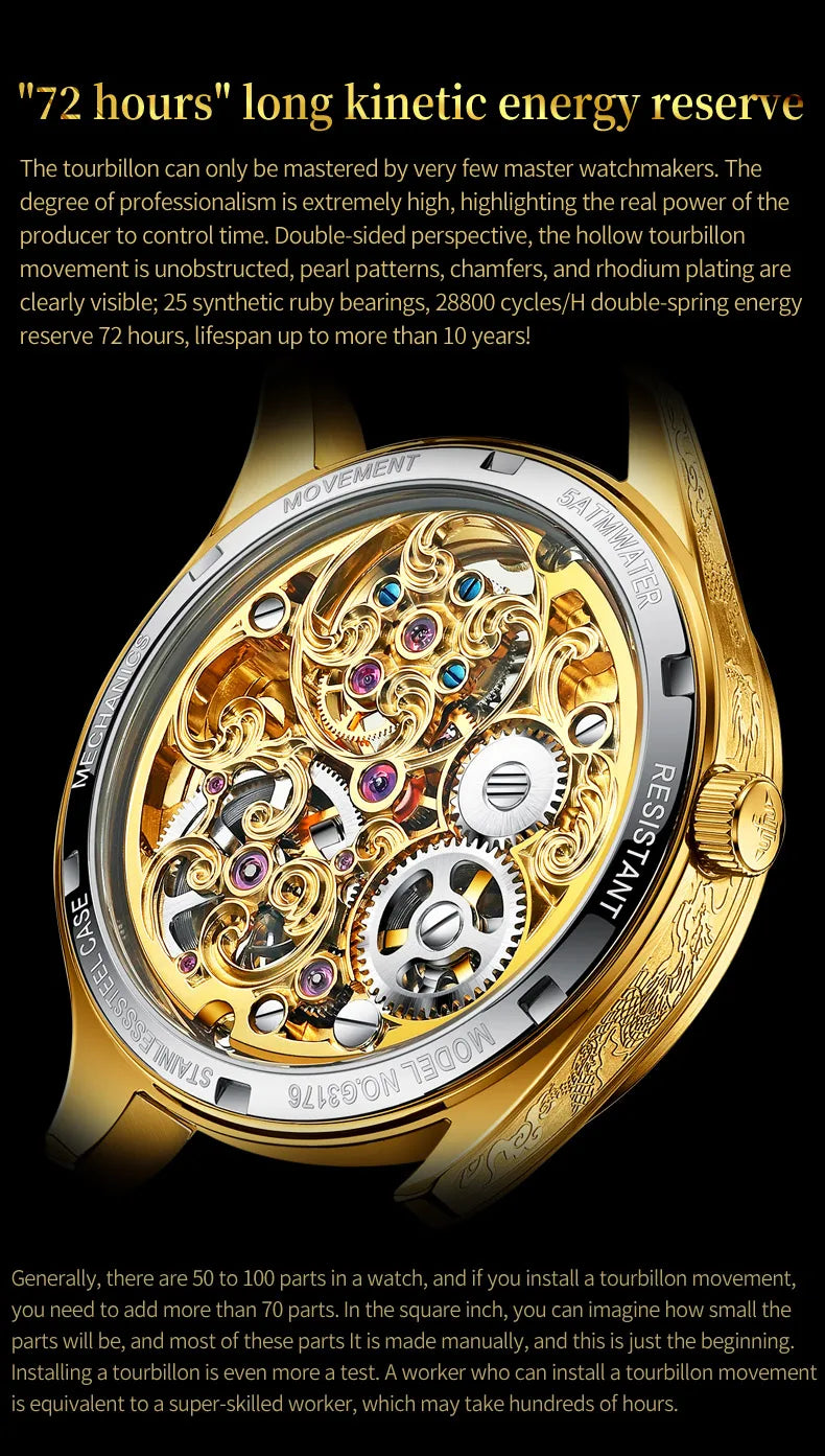 OUPINKE Tourbillon Automatic Men's Watch Skeleton Gold Watch