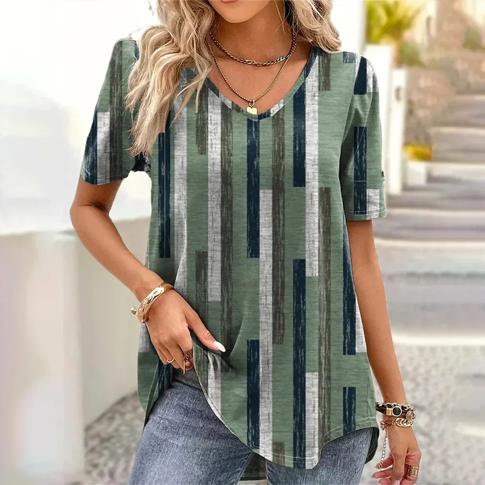 New Women's T-Shirt Summer V-Neck Tee Loose Casual Top Stripes Funny Printed Female Clothing Streetwear Women Pullover T Shirts