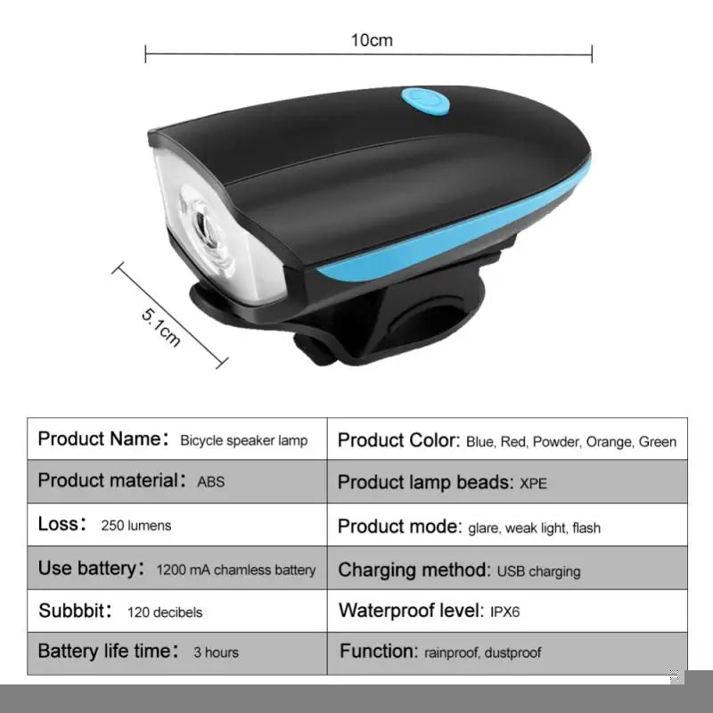 3 Modes Bicycle Front Light With Super Loud Bell Horn USB Rechargeable Headlight Cycling Flashlight