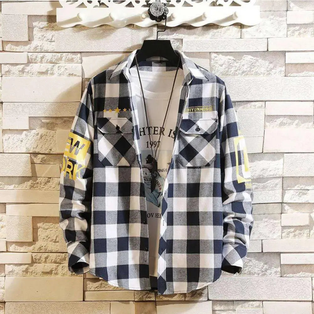 Plaid Shirt Print Men's Cardigan Coat Fall Winter Long Sleeve Formal Shirt