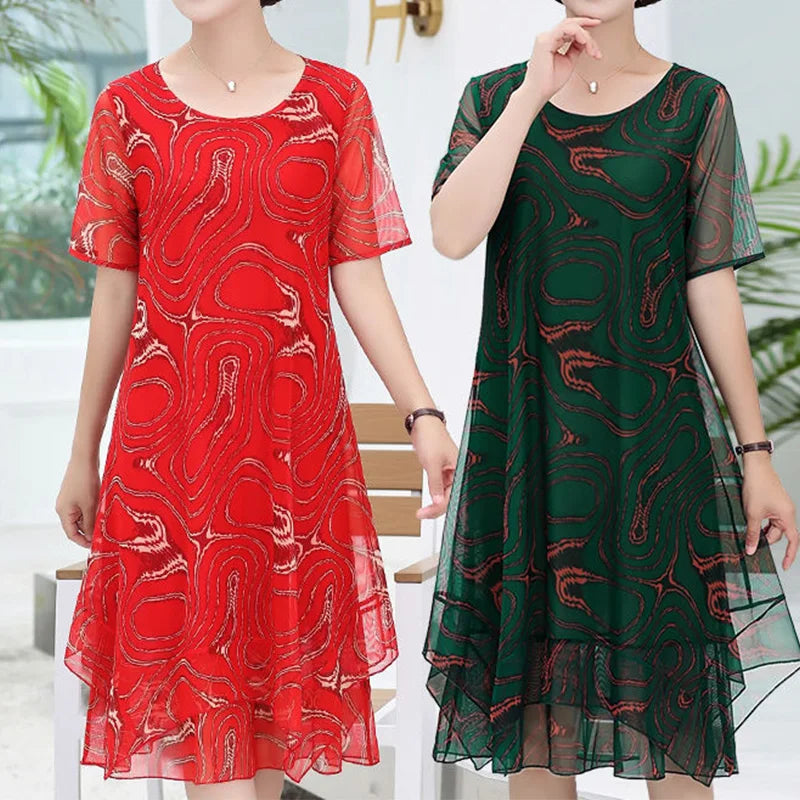 Summer Thin Fashion Printing Gauze Mesh Loose Knee Length Dress