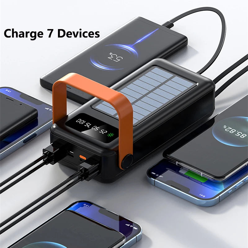 50000mAh Solar Power Bank Built in Cable Portable Charger External Battery Pack Powerbank 50000 For iPhone Xiaomi Samsung Huawei