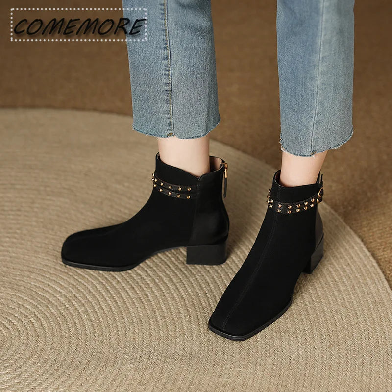 2025 Spring Autumn Woman’s Classic New European American Boot Rivets Fashion Versatile Soft Breatheable PU Anti Slip Square Head