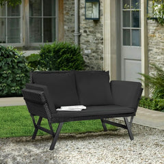 Outdoor Sofa, Woven Rattan Patio Furniture, Convertible Daybed or Double Chair with Adjustable Armrests, Cushions