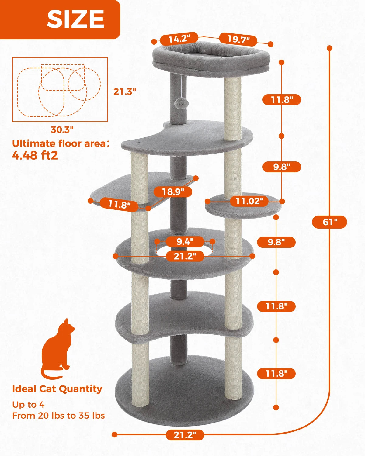 Tall Cat Tree for Indoor Cat 6-Levels Climbing Tower with 9 Scratching Post Wrapped in Natural Sisal Rope Large Top Perch