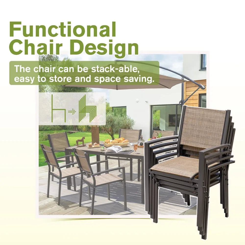 New 7 Pieces Patio Dining Set Outdoor Furniture with 6 Stackable Textilene Chairs and Large Table for Yard