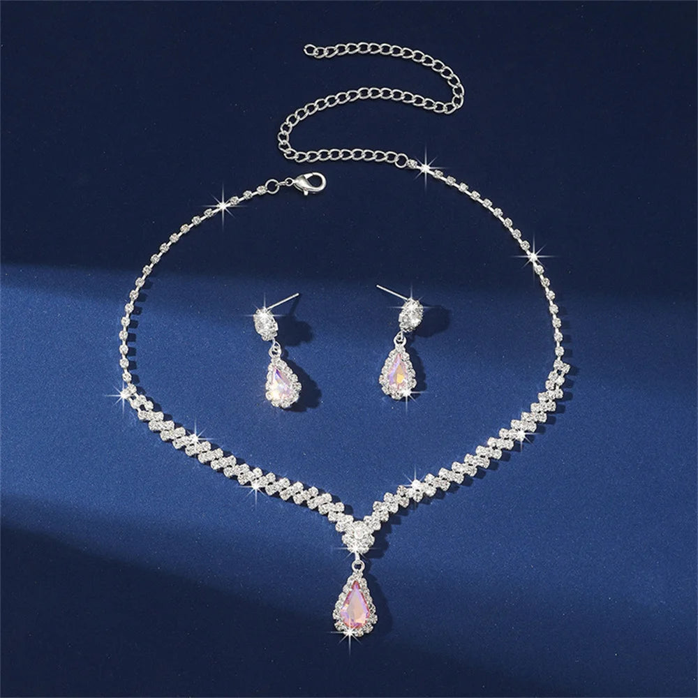 Luxury Water Drop Rhinestone Necklace Earrings For Women